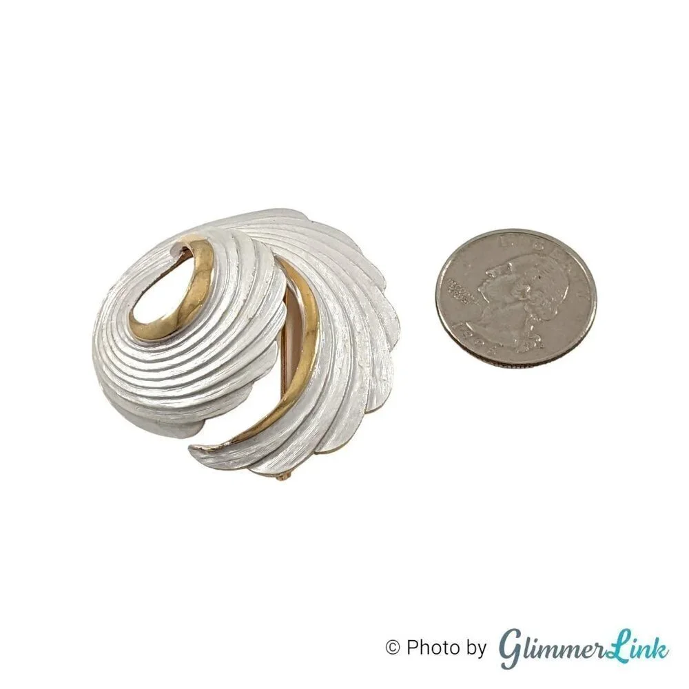 Vintage Domed Spiral White Enamel Gold Tone Brooch, Curled Wing or Leaf Pin